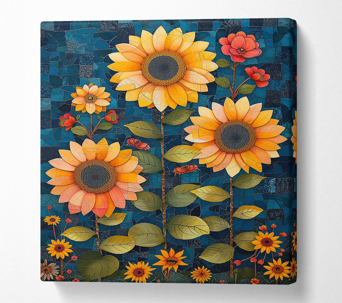  A Canvas Print of Mosaic Sunflowers In Teal Canvas Wall Art