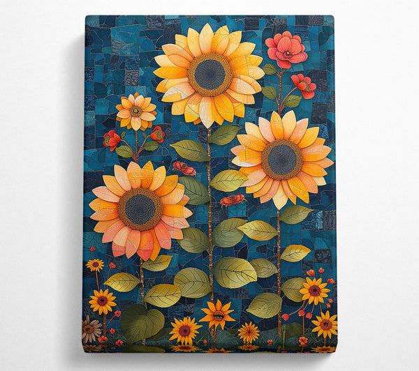  A Canvas Print of Mosaic Sunflowers In Teal Canvas Wall Art