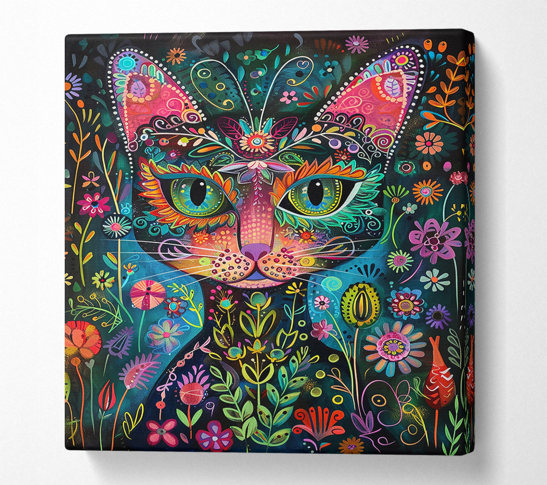  A Canvas Print of Teal Floral Feline Canvas Print