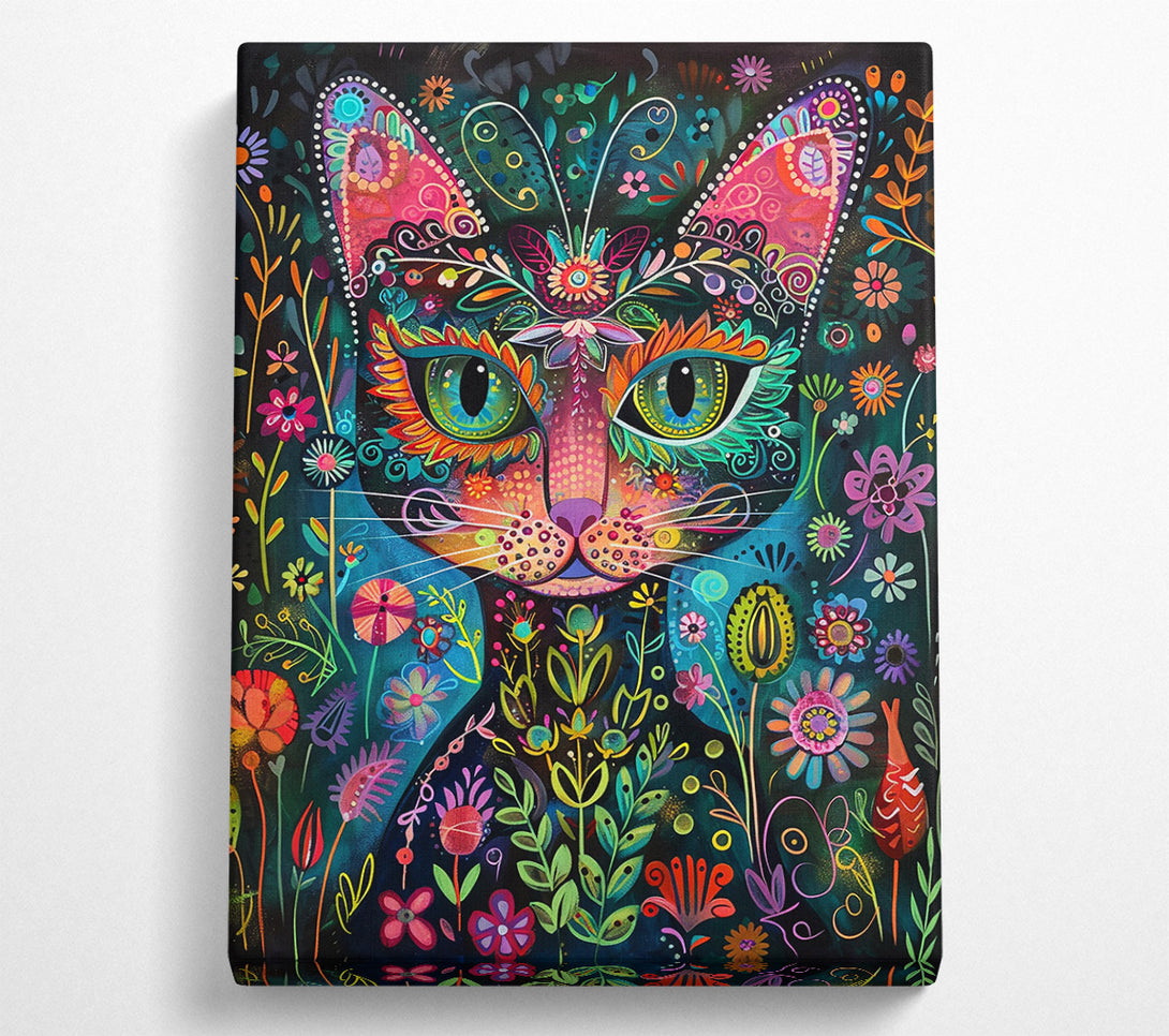  A Canvas Print of Teal Floral Feline Canvas Print