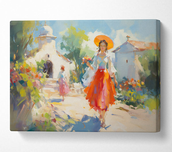  A Canvas Print of Orange Skirt Village Walk Canvas Art