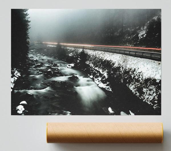 Red Stream Through Fog