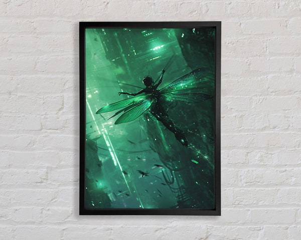 Woman Dragonfly Cyberpunk City Framed Print