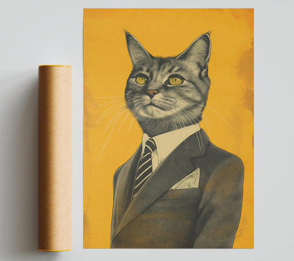 Yellow Cat In Suit Print
