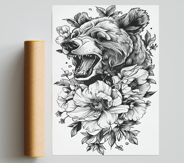Black And White Bear Roar Giclee Print