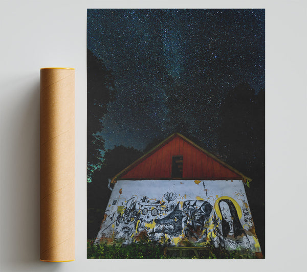 Red Roof Under Stars Poster