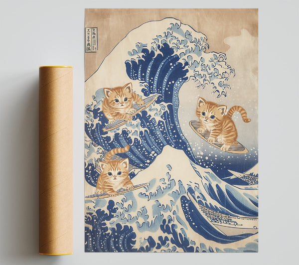Blue Kitty Wave Poster