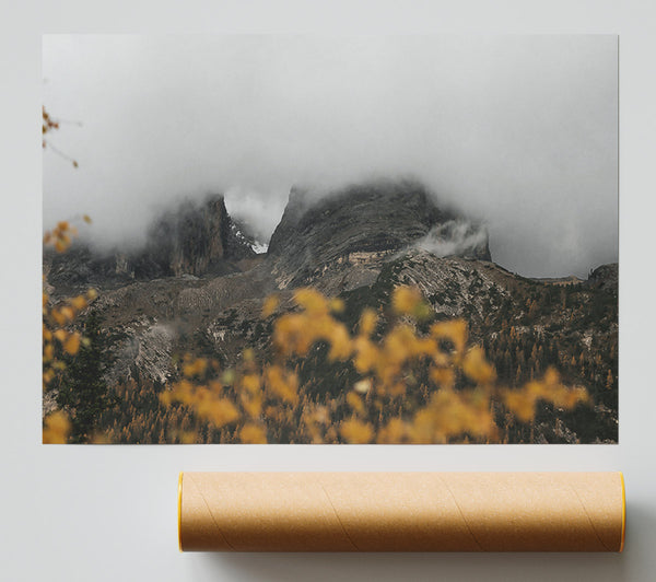 Golden Foggy Peaks Poster