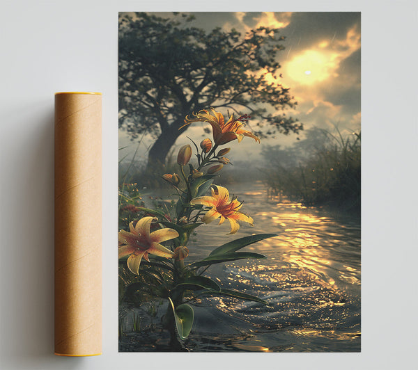 Golden Stream Flowers Giclee Print
