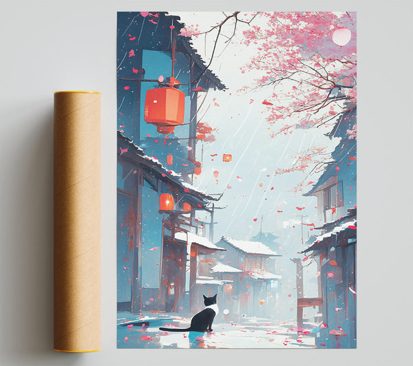 Pink Lanterns In The Rain Poster