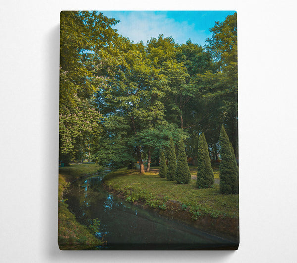 Green Stream Through Trees Canvas Art