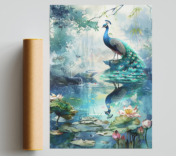 Blue Peacock Reflection Poster