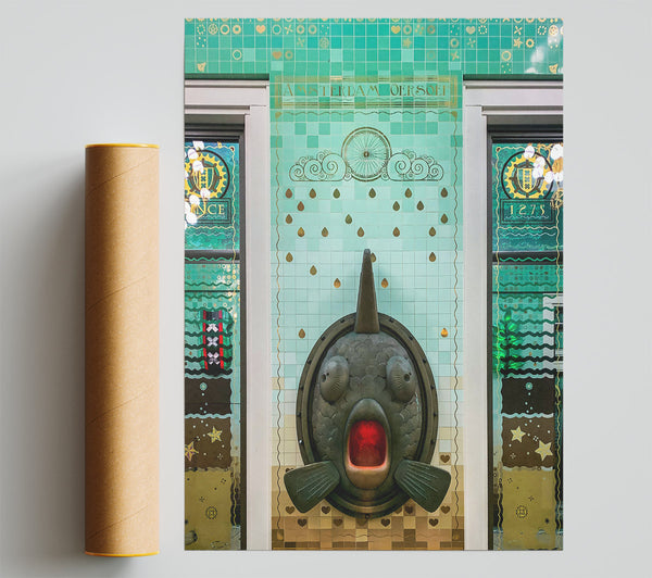 Aqua Fish Face Tilework Print