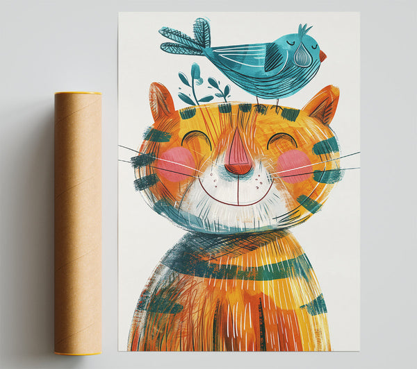 Orange Cat With Bird Poster