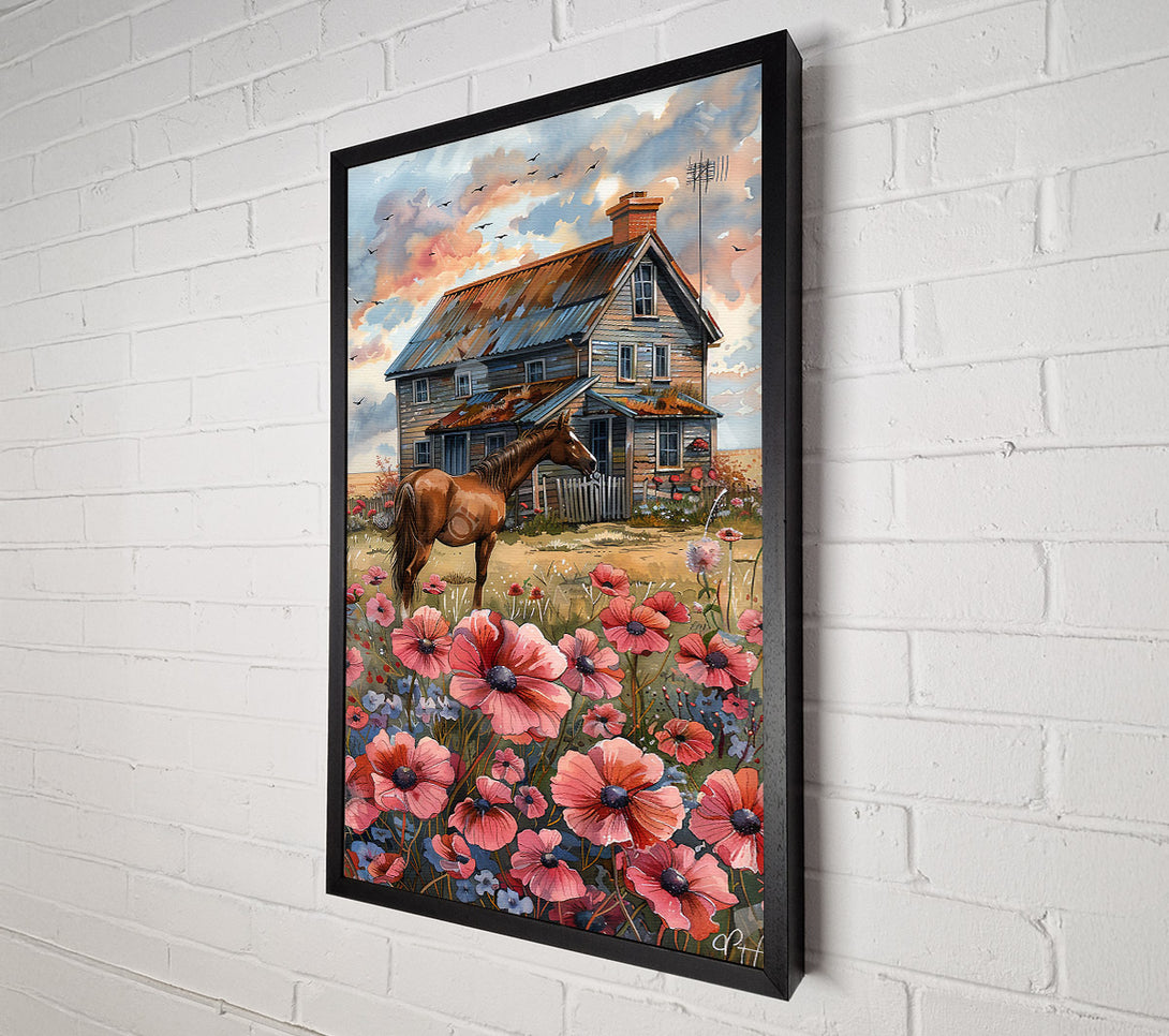  A Canvas Print of Pink Horse And Farmhouse Canvas Wall Art