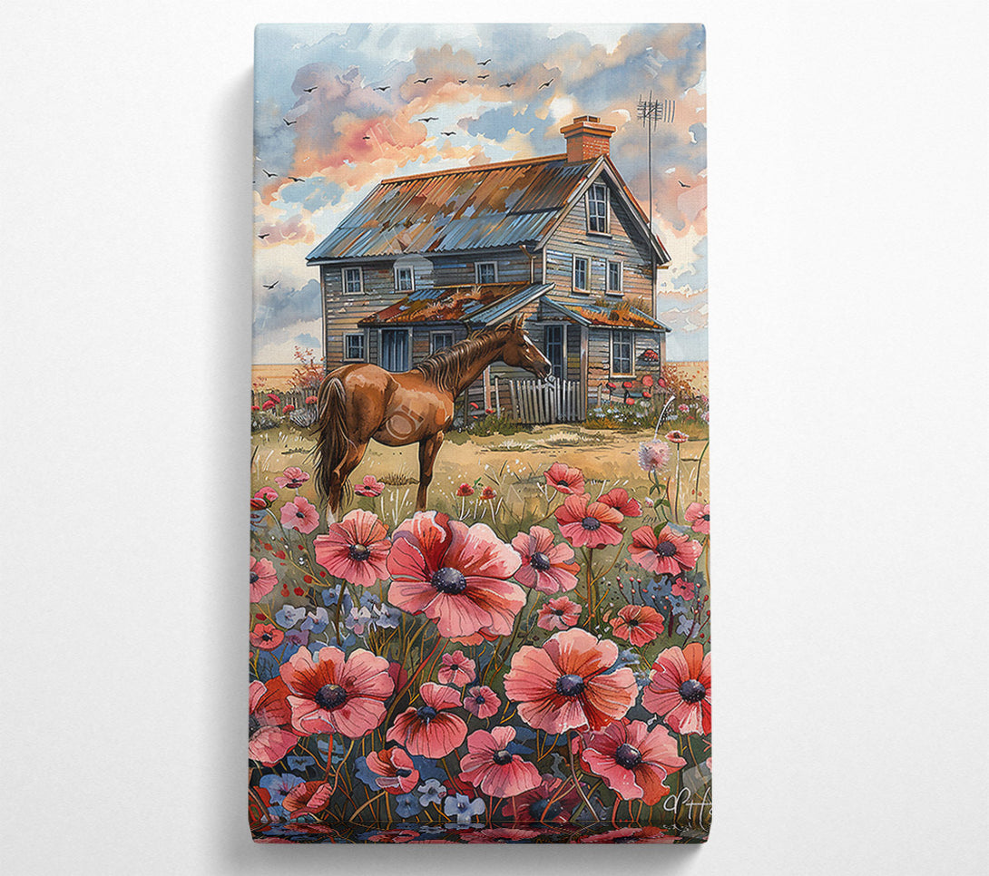  A Canvas Print of Pink Horse And Farmhouse Canvas Wall Art