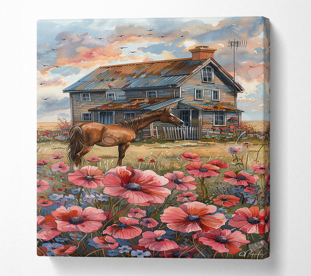  A Canvas Print of Pink Horse And Farmhouse Canvas Wall Art