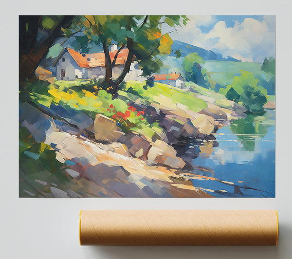 Azure Riverbank Cottage Giclee Print
