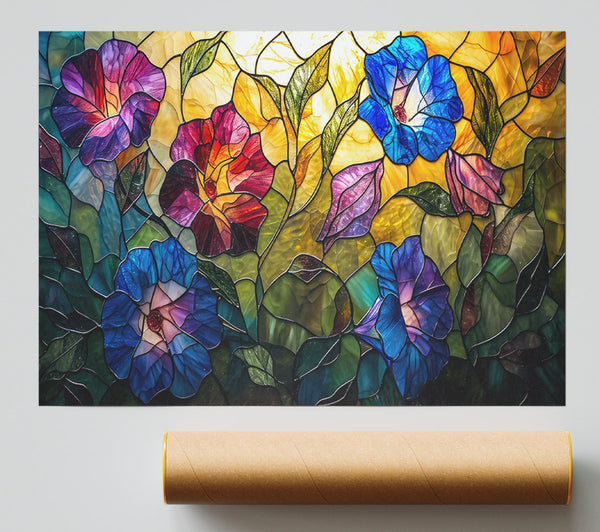 Blue Stained Glass Blooms. Poster