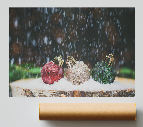 Red Ornaments In Snow Poster