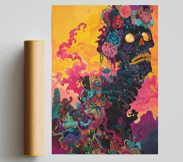 Orange Floral Skull Poster