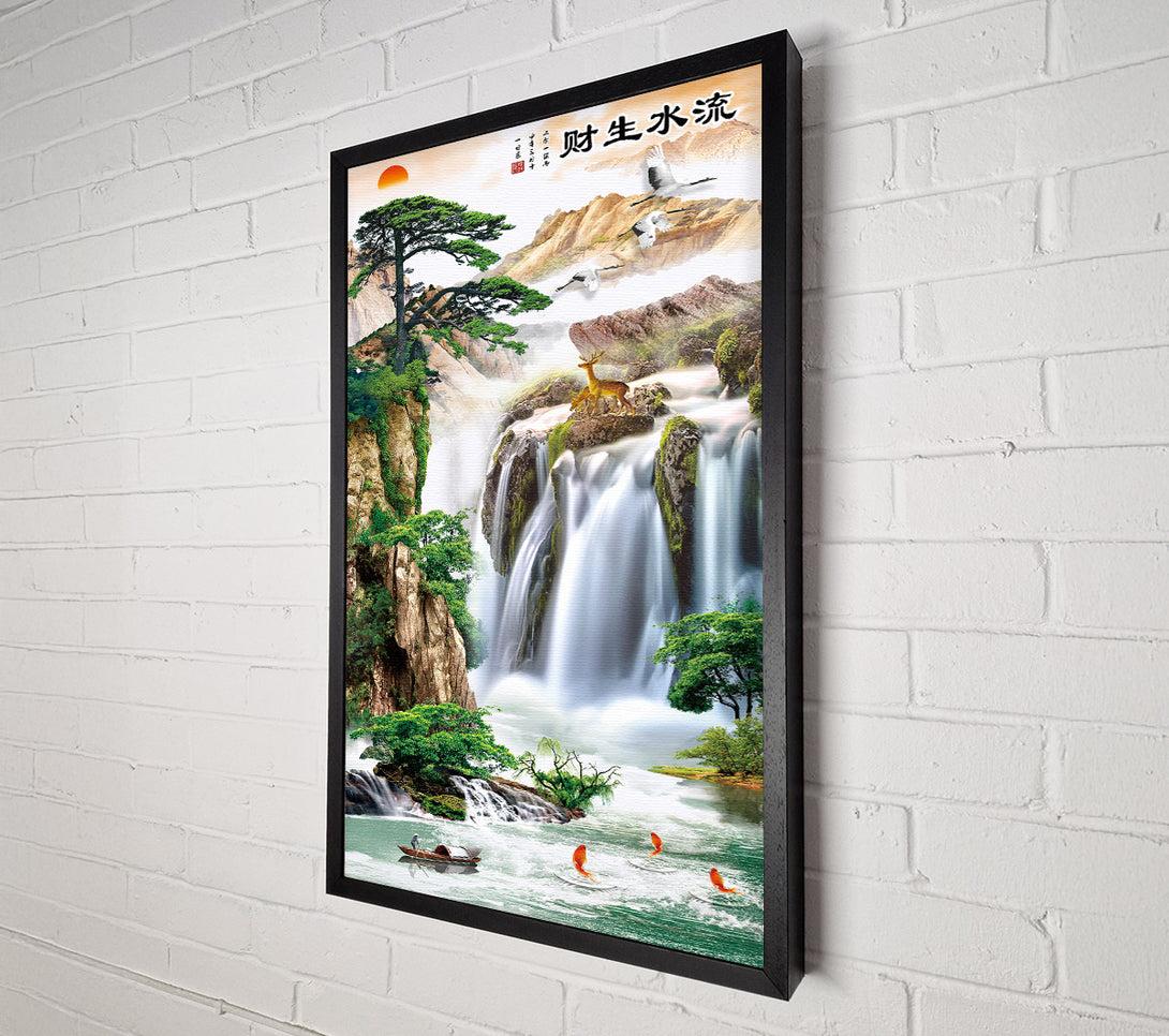  A Canvas Print of Big Waterfall  Boat On A Lake Canvas Art