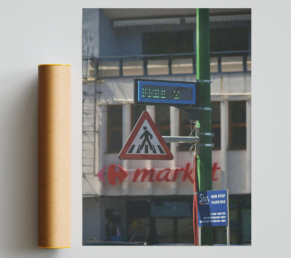 Red Crosswalk Signpost Poster