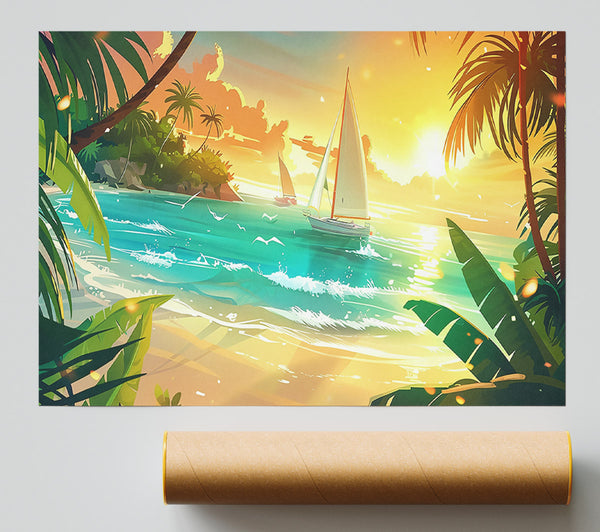 Golden Sunset Sailboats Poster
