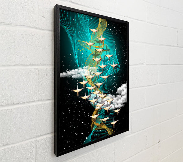 Birds Flying On Vibrant Swirl