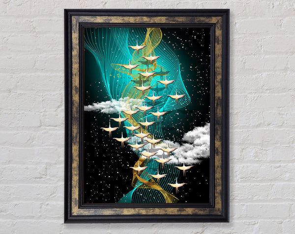 Birds Flying On Vibrant Swirl Framed Print