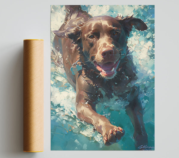 Brown Dog Splashing Blue Giclee Print