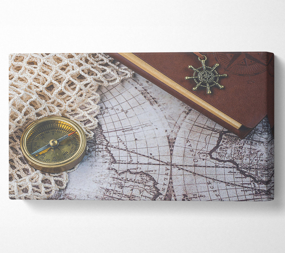  A Canvas Print of Brass Compass And Map Canvas Print