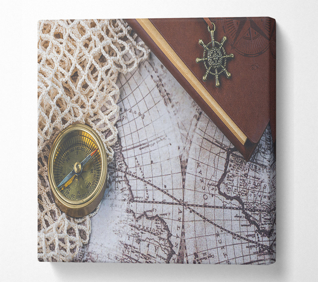 A Canvas Print of Brass Compass And Map Canvas Print