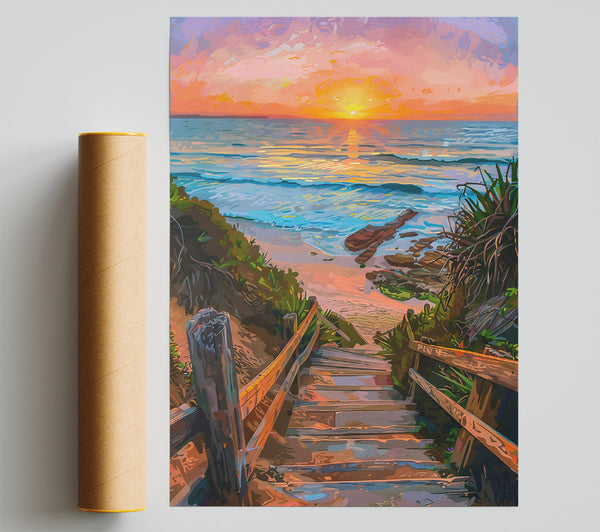 Golden Beach Sunset Steps Giclee Print
