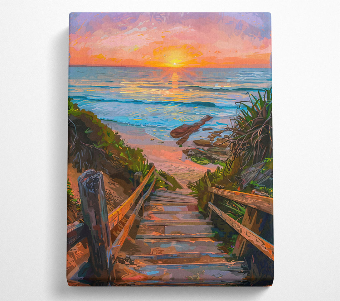  A Canvas Print of Golden Beach Sunset Steps Canvas Print