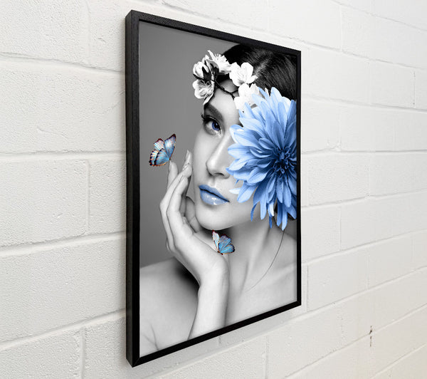Black And White Girl With Blue Flower