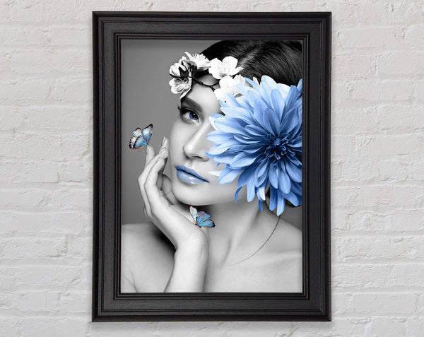 Black And White Girl With Blue Flower Framed Print