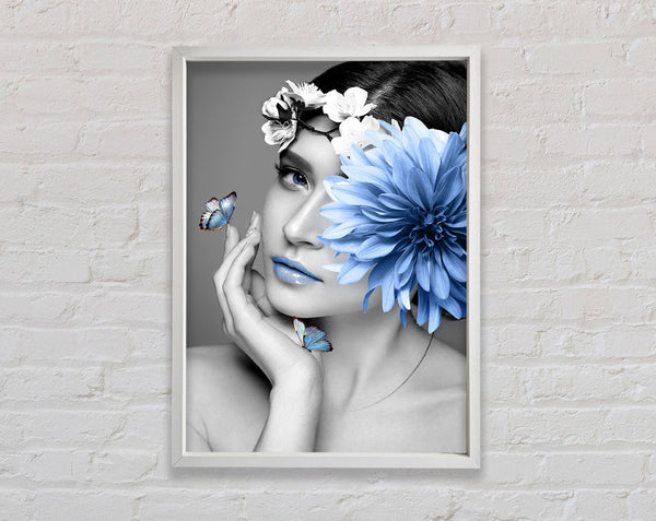 White And White Girl With Blue Flower Framed Print