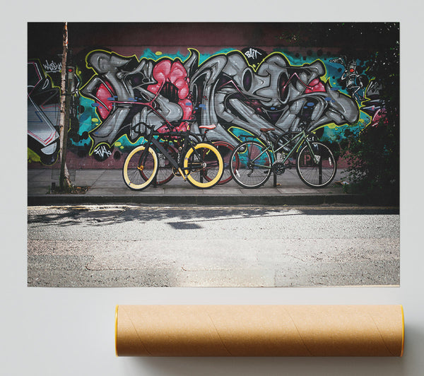 Yellow Bikes On Grey Wall Print