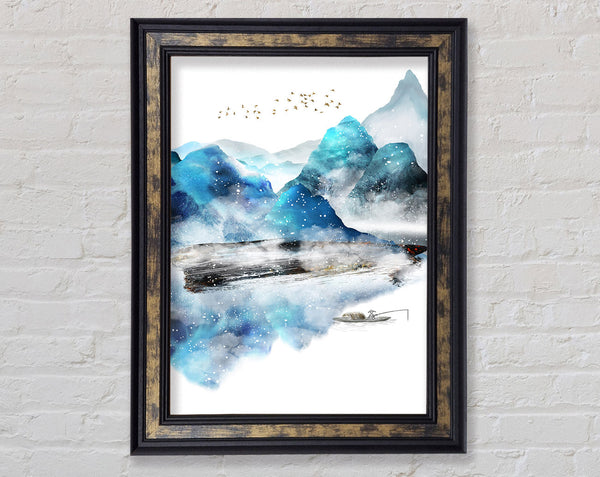 Blue Abstract With Boat On Lake Framed Print