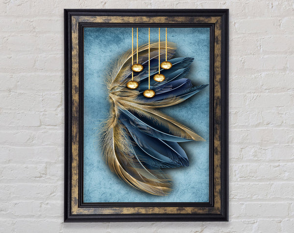 Blue And Gold Abstract Feathers Framed Print