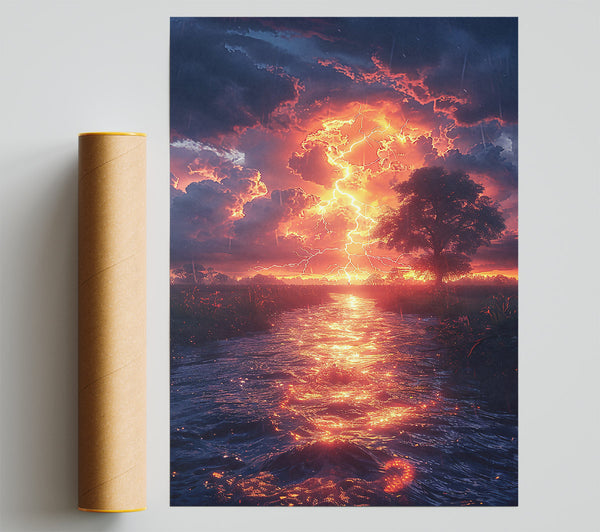 Orange Lightning River Print