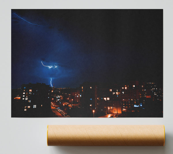 Blue Lightning Cityscape Poster