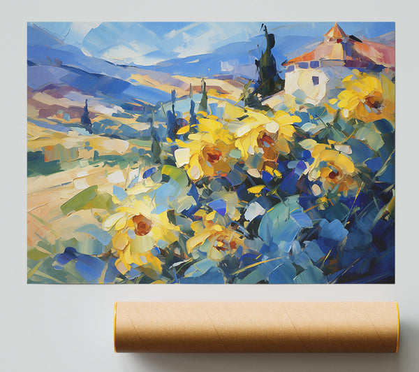 Golden Sunflowers In Blue Print