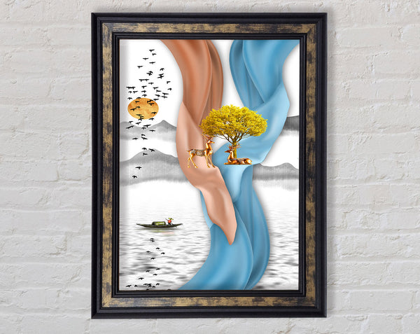 Blue And Orange Swirls With Yellow Tree Framed Print