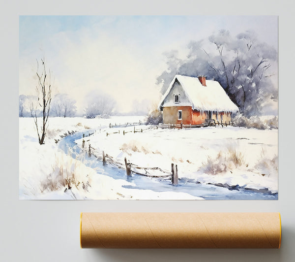 Orange Winter Cottage Poster
