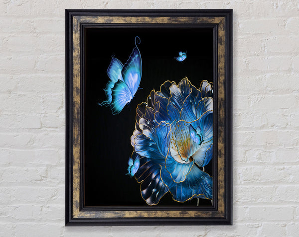 Blue Butterfly And Flower Framed Print