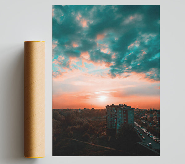 Teal Sunset Cityscape Giclee Print