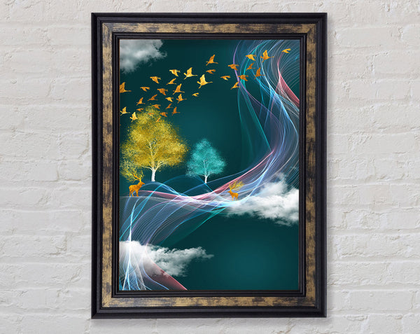 Blue Sky Gold Birds Framed Print