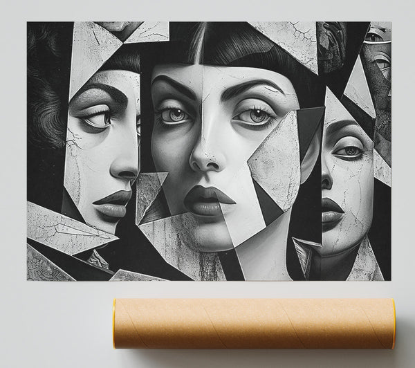 Grey Shattered Faces Giclee Print